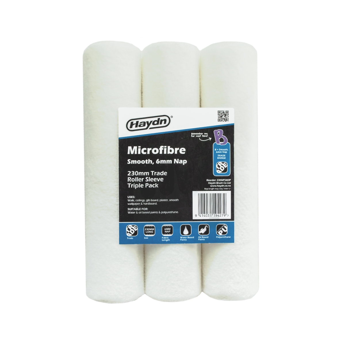 Haydn Trade Microfibre 230mm Smooth 6mm Nap Paint Roller Sleeves (3 pack)