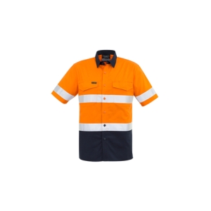 Syzmik Mens Rugged Cooling HI Vis Taped Short Sleeve Shirt Orange/Navy