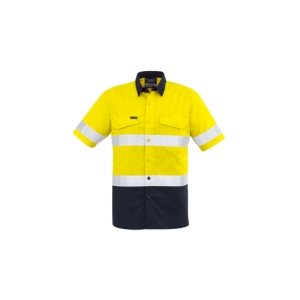 Syzmik Mens Rugged Cooling HI Vis Taped Short Sleeve Shirt Yellow/Navy