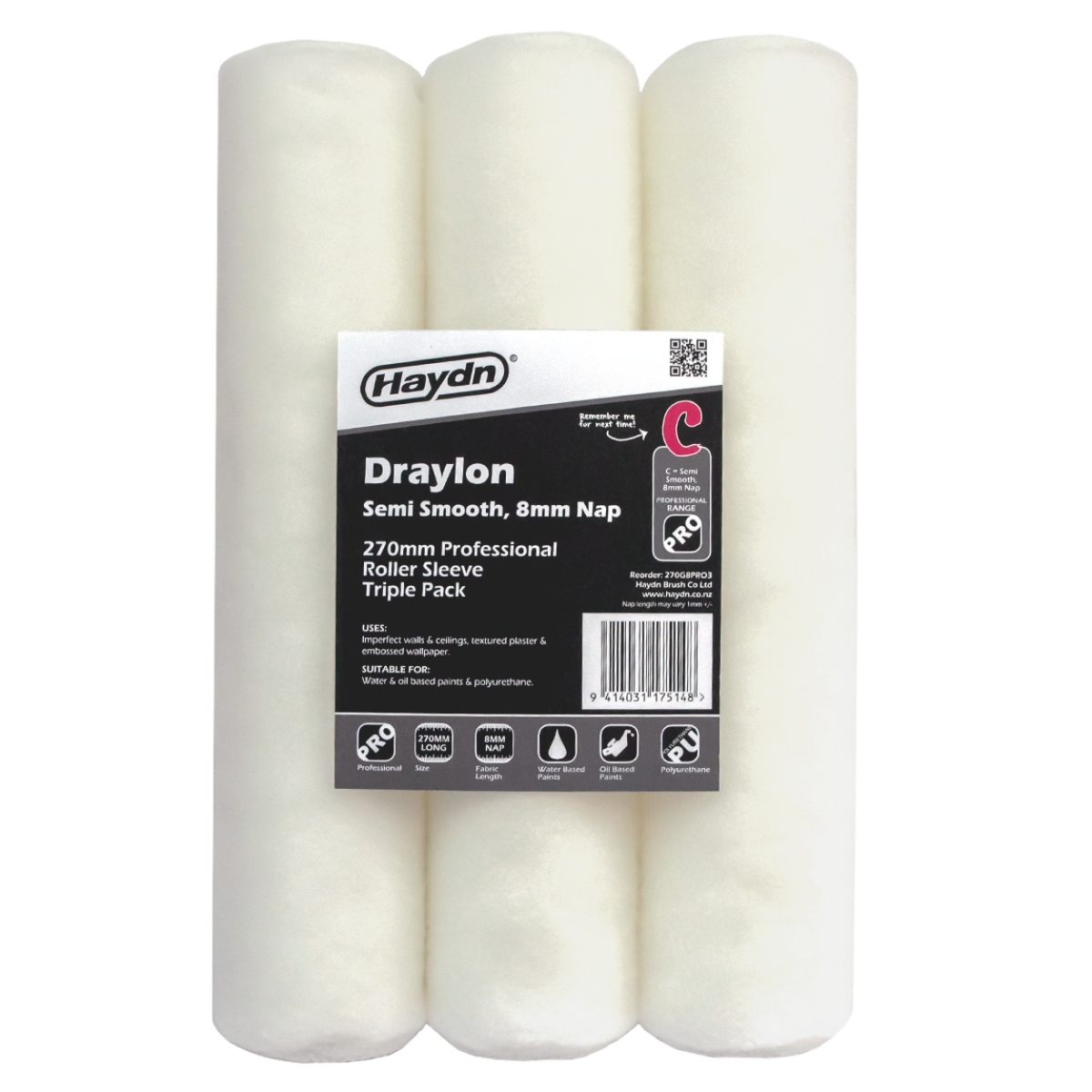 Haydn Professional Draylon Paint Roller Sleeve 270x8mm Semi-Smooth (3 Pack)
